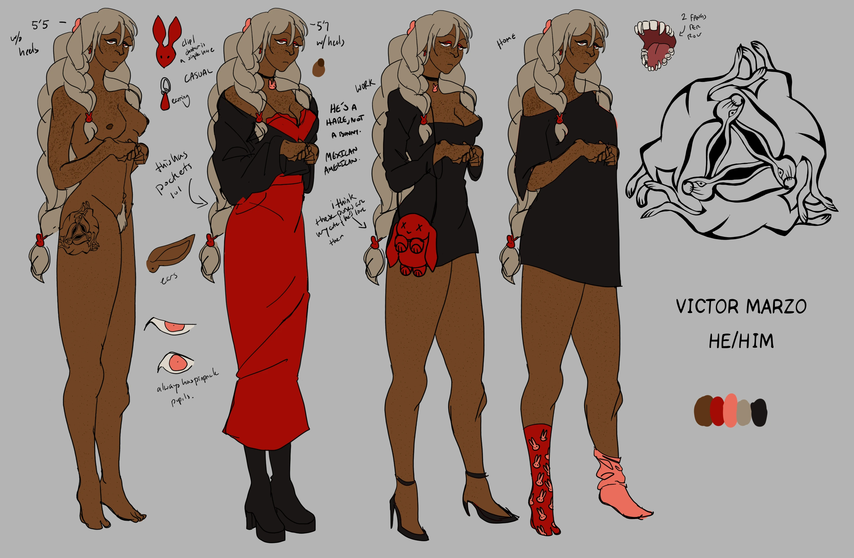 A reference sheet of a tan, feminine man, with an aloof expression, and blonde, braided hair.